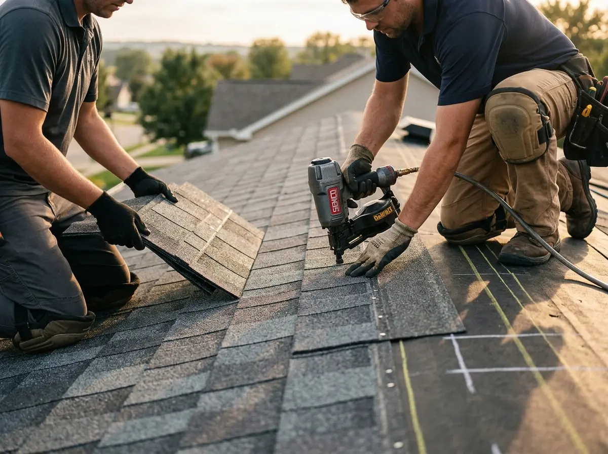 Professional roofer working on a residential roof in Rodeo